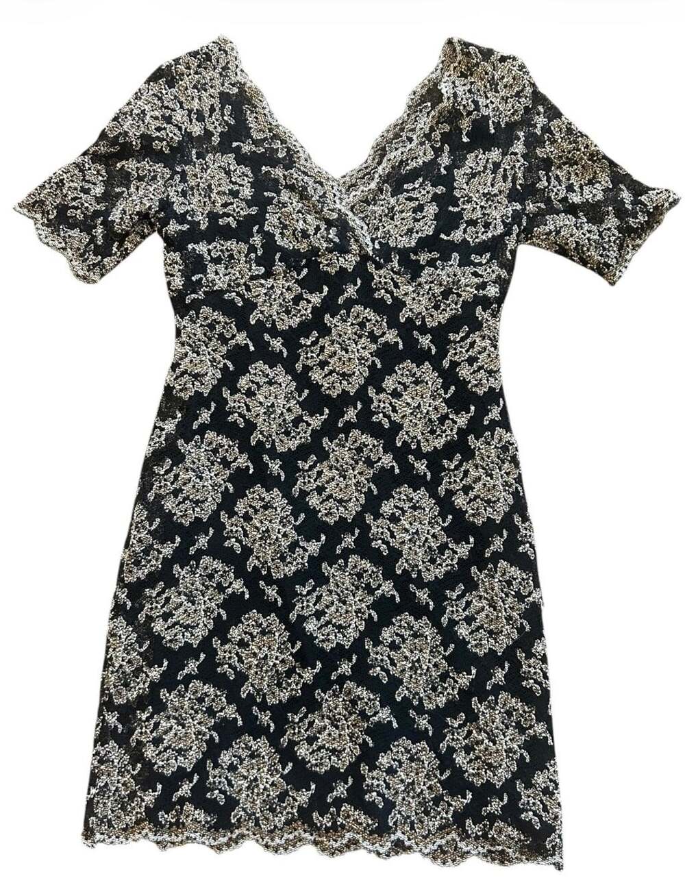 Ronni Nicole Petite Black and Gold Floral Lace Dress